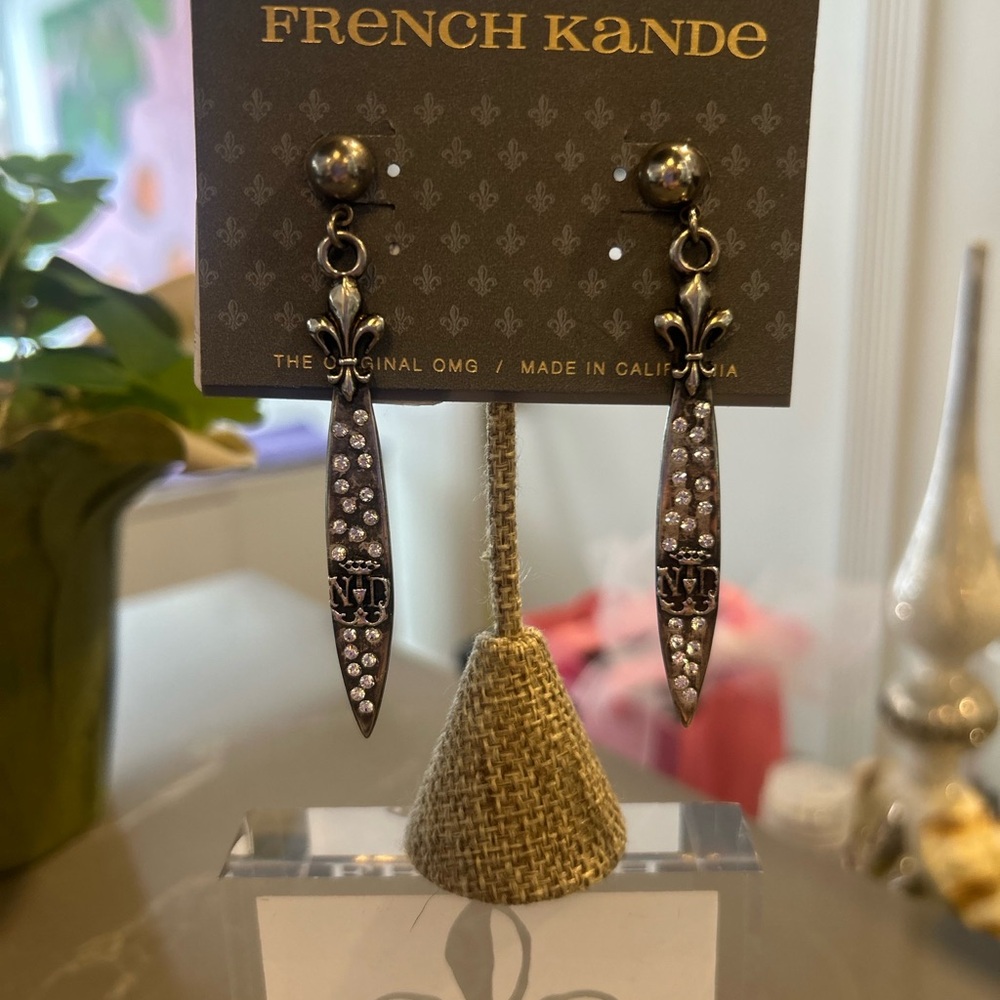French Kande Sterling Silver Clad Pointu Drop Earrings with Crystal Accents.
